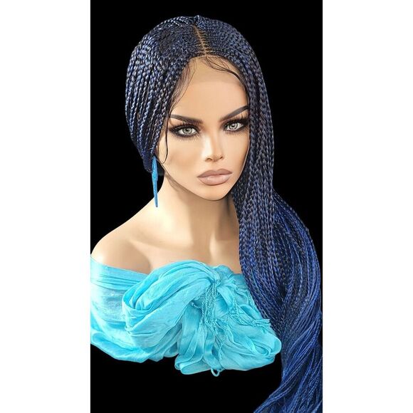 Handmade  Braided Lace Wig, Knotless Box Braids Long  Blue Ombre Wig NWT - Picture 12 of 15